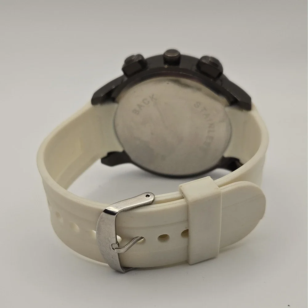 SBAO S-085 Analog Quartz 52mm Watch W/White Dial, White Rubber Strap, Black Case